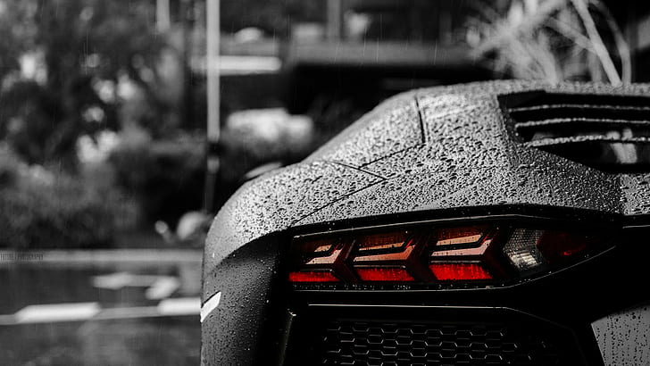 bokeh, car, F22, Lamborghini, Lamborghini Aventador, rain, Selective Coloring