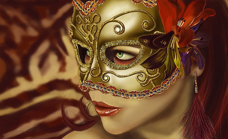 artwork, women, venetian masks, green eyes, face, flower in hair