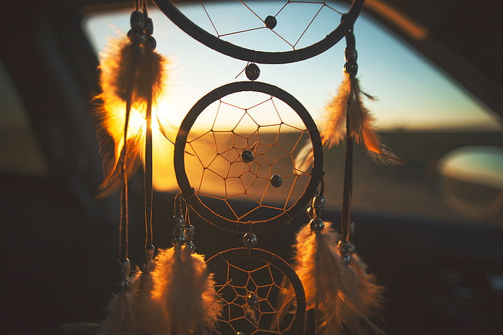 brown and white dreamcatcher decor, sunset, feathers, dreams