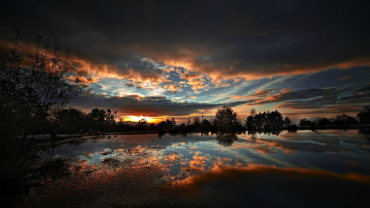 golden hour, sunset, nature, lake, trees, clouds, HDR, reflection