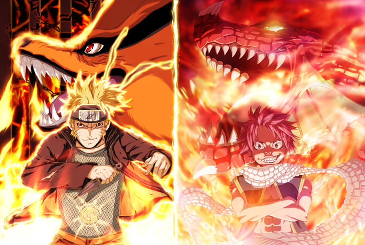 Anime, Crossover, Fairy Tail, Igneel (Fairy Tail), Kurama (Naruto), HD wallpaper