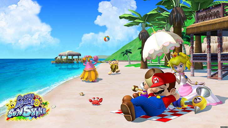 Mario, Super Mario Sunshine, Princess Peach, water, sky, beach