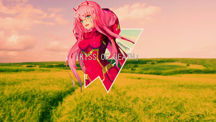 Zero Two (Darling in the FranXX), plant, land, field, sky, nature