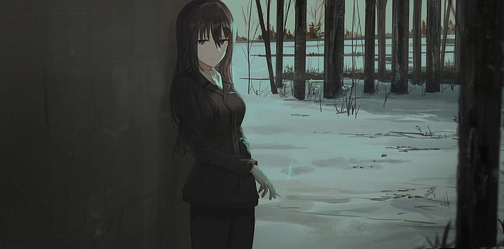 anime girls, dark, smoking, winter, snow, cigarettes, dark hair, HD wallpaper