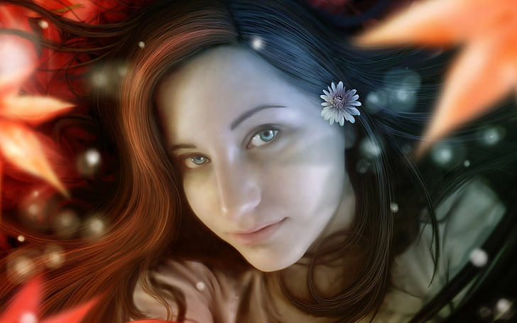 fantasy art, face, flower in hair, fantasy girl