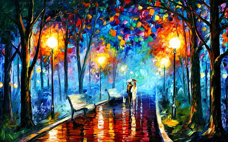artwork, Leonid Afremov, painting, street light, bench, couple, HD wallpaper