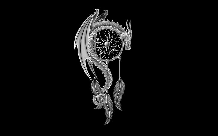 white dragon dreamcather illustration, minimalism, feathers, Dreamcatcher