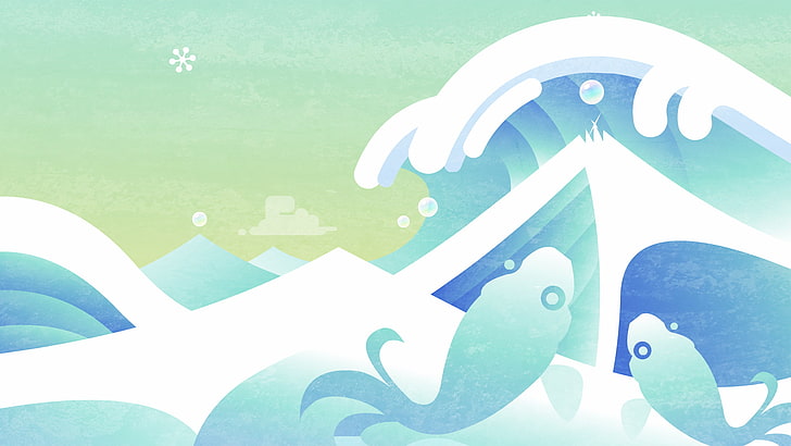blue fishes illustration, snow, vector, minimalism, Icycle, artwork