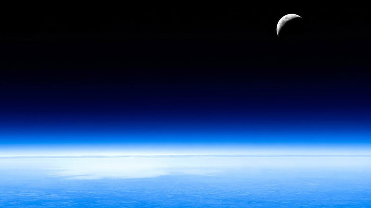 blue sky under moon, space, atmosphere, flying, nature, night