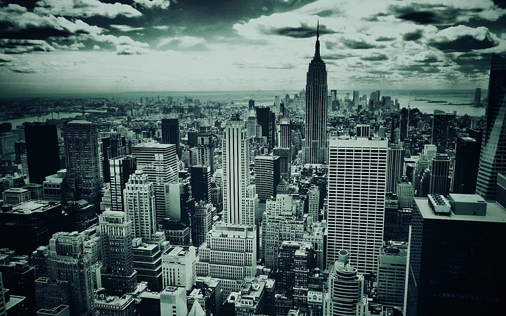 aerial view of highrise building, cityscape, monochrome, New York City