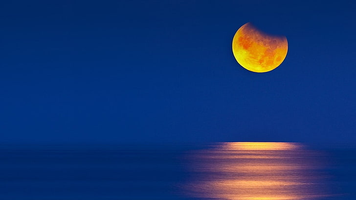 orange moon, nature, landscape, lunar eclipses, sea, yellow, blue, HD wallpaper