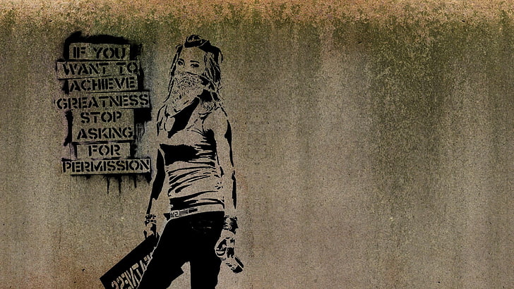 woman holding spray bottle illustration, graffiti, women, Banksy