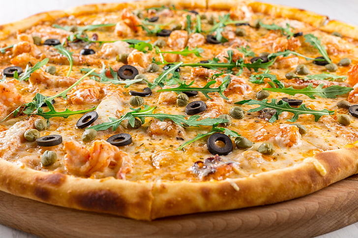 cheese and shrimp pizza, pastries, delicious, food and drink, HD wallpaper