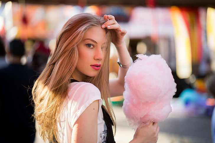 Models, Blonde, Blue Eyes, Candy, Cotton Candy, Depth Of Field, HD wallpaper