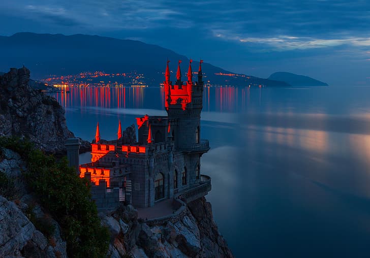 sea, night, rock, castle, Russia, Crimea, Swallow's nest, The black sea, HD wallpaper