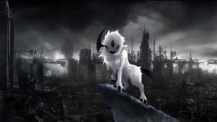 animal character grayscale photo, Pokémon, Absol, apocalyptic