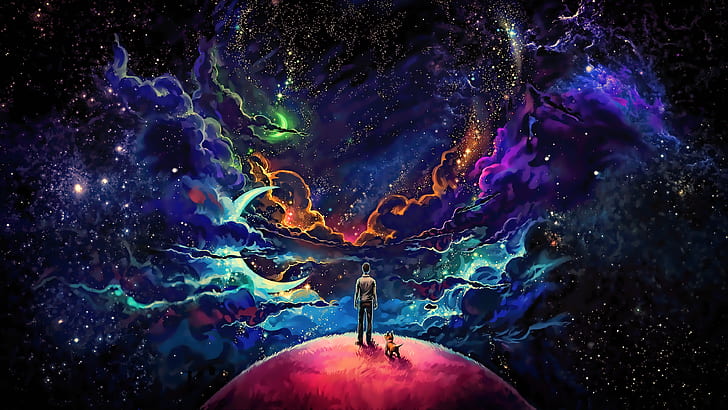 Man, Puppy, Universe, Dream, Stars, Deep space, Digital paint