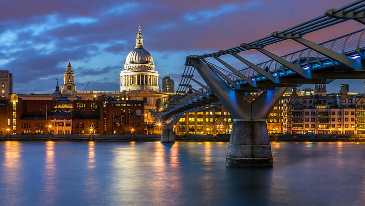 Bridges, Millennium Bridge, Architecture, London, Night, St Paul's Cathedral
