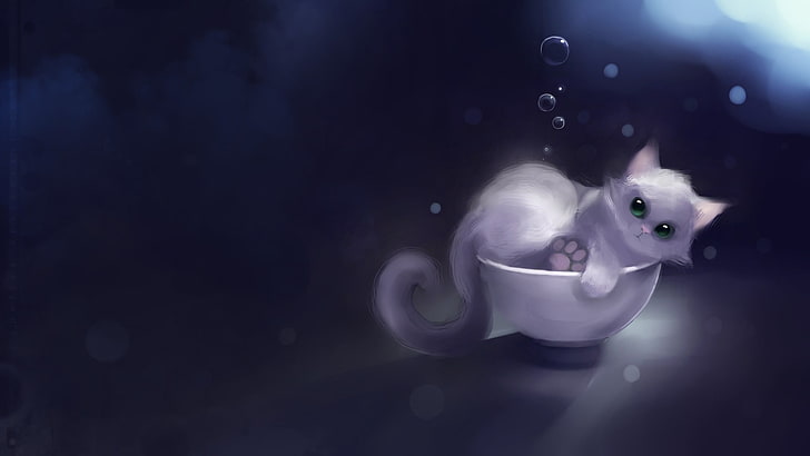 gray cat illustration, Apofiss, bowls, bubbles, animals, DeviantArt, HD wallpaper