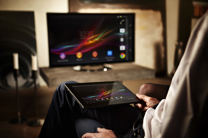 black Android tablet computer, TV, male, sony, xperia tablet z, HD wallpaper