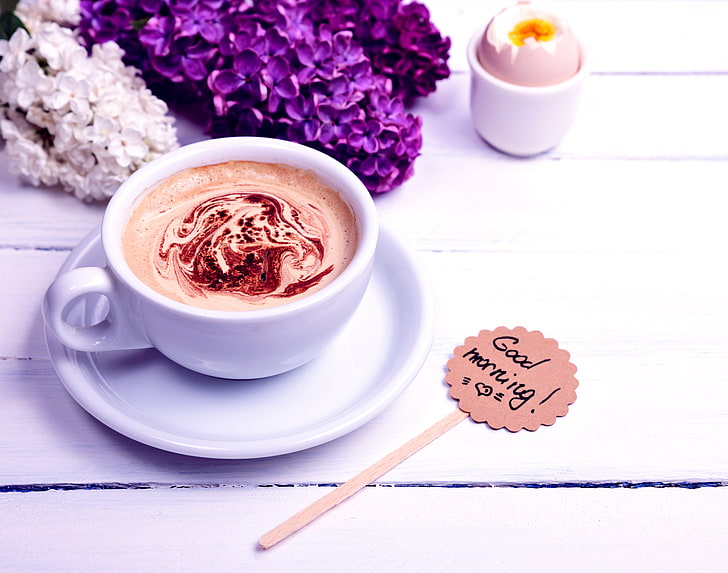 flowers, coffee, morning, Cup, Good Morning, lilac
