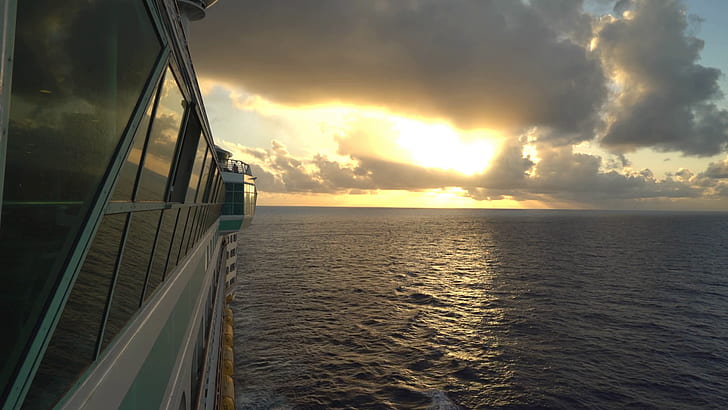 sunset, water, cruise ship, sea, HD wallpaper
