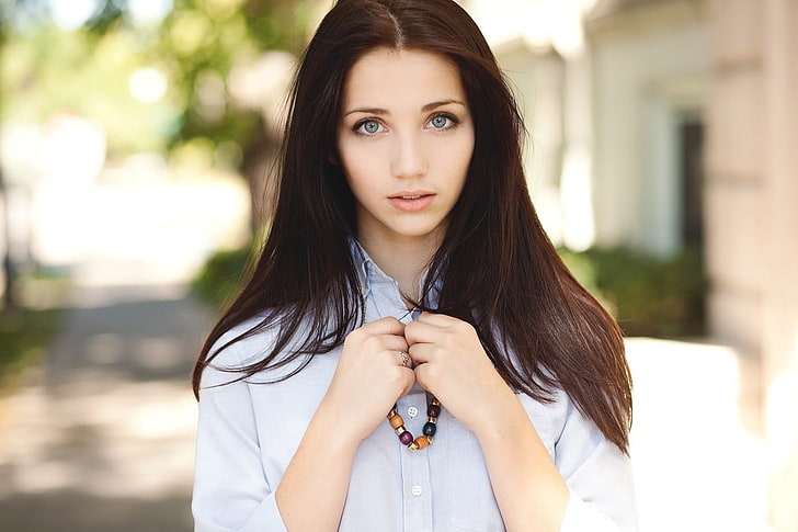 women's white button-up shirt, Emily Rudd, brunette, blue eyes, HD wallpaper