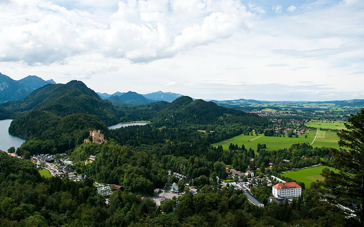 aerial photo of buildings near body of water, landscape, Schloss Hohenschwangau, HD wallpaper