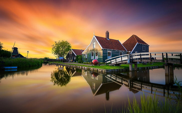 Netherlands, river, mill, house, sunset, bridge, Zaanse Schans