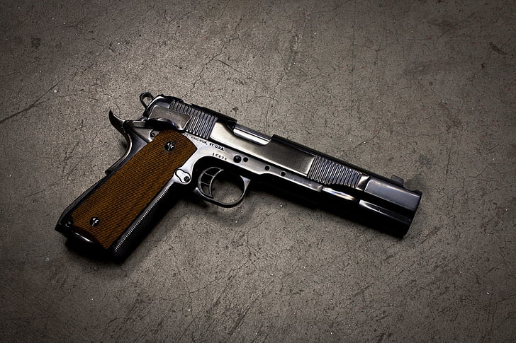 black and brown semi-automatic pistol, gun, background, colt