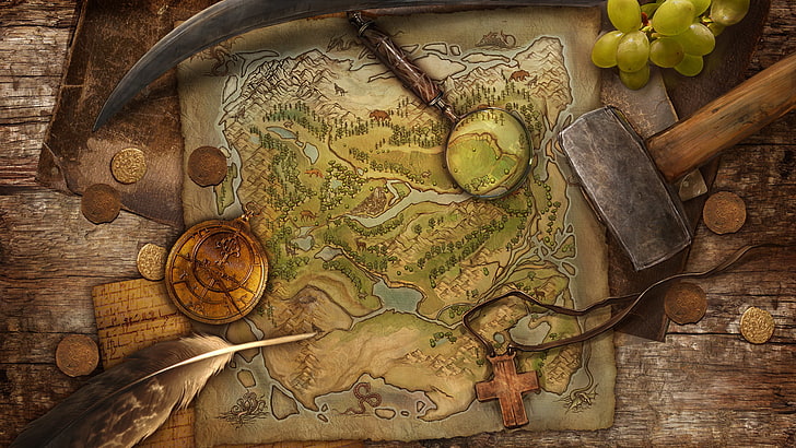 brown and white map, pen, the game, cross, grapes, hammer, coins
