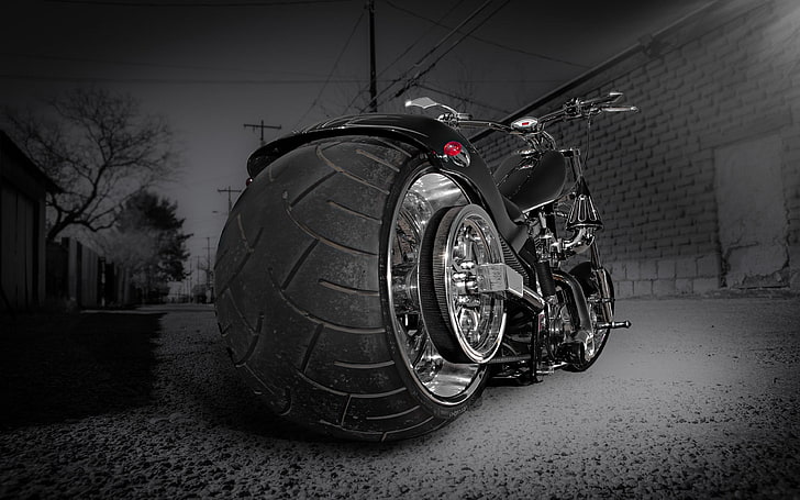 black cruiser motorcycle, vehicle, selective coloring, transportation