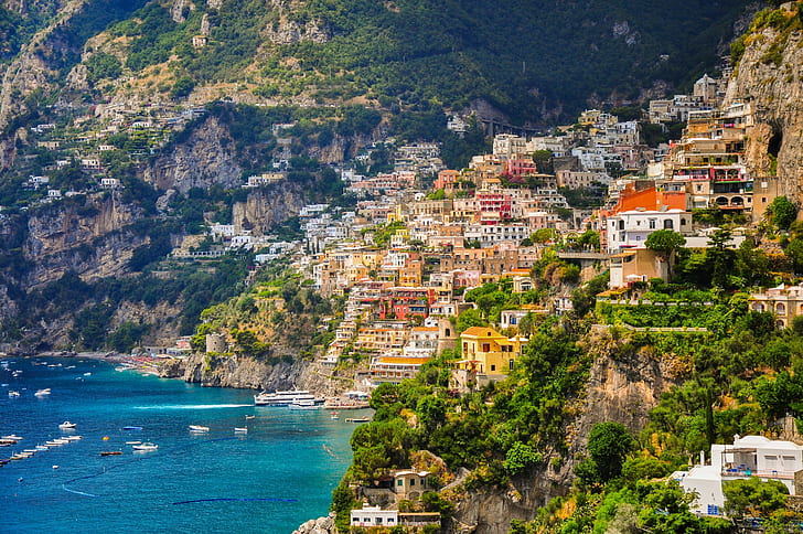 water, cliff, Amalfi, city, coast, sea, bay, boat, HD wallpaper