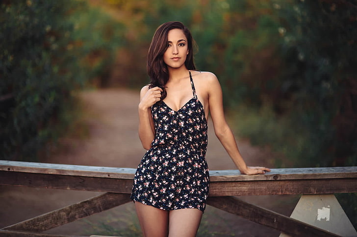 women's black and red floral rompers, model, Ashlee Ariaz , dress, HD wallpaper