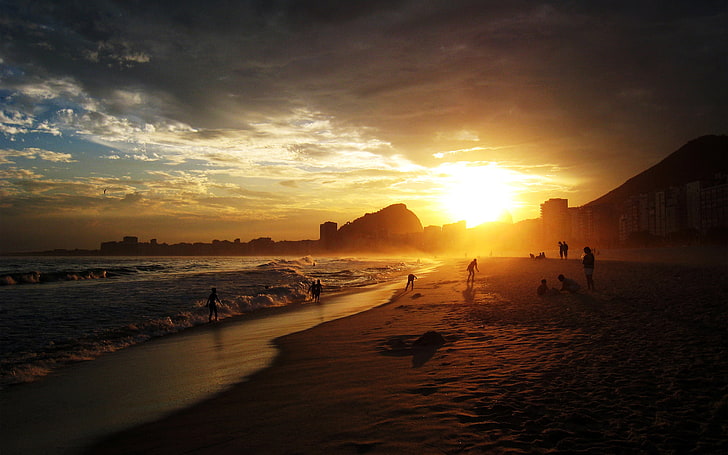 yellow sunset, beach, rio de janeiro, copacabana, sea, silhouette
