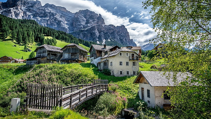 San Cassiano, Alta Badia, Italy, Dolomites, village, house, bridge, mountain, HD wallpaper
