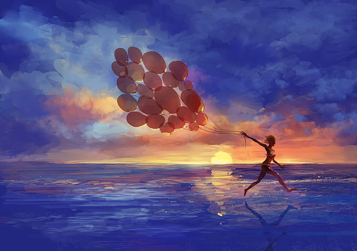 woman running holding balloons painting, sea, girl, sunset, emotions