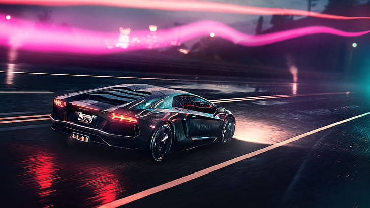 HD wallpaper: neon, Lamborghini Aventador, car, vehicle, road