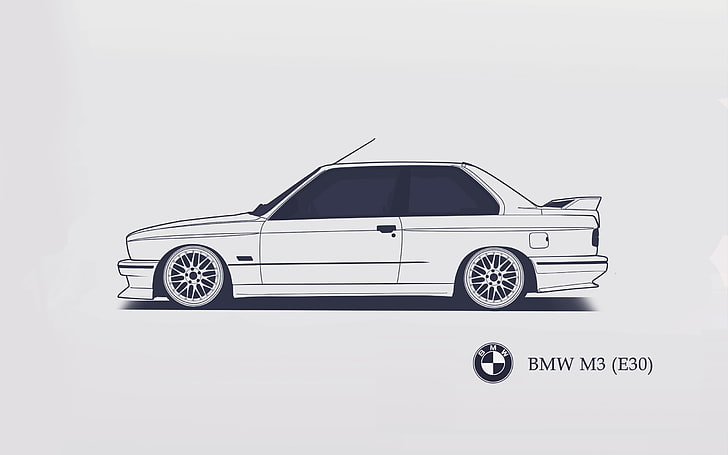 white BMW M3 coupe, E30, Minimalistic, SrCky Design, car, land Vehicle