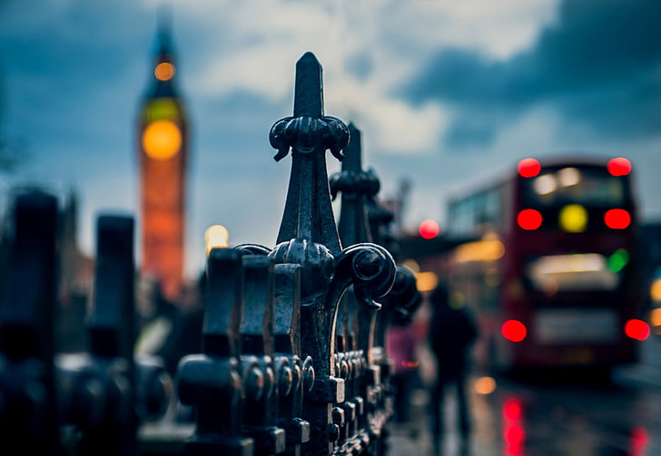 black steel rails, city, Big Ben, London, depth of field, Westminster, HD wallpaper