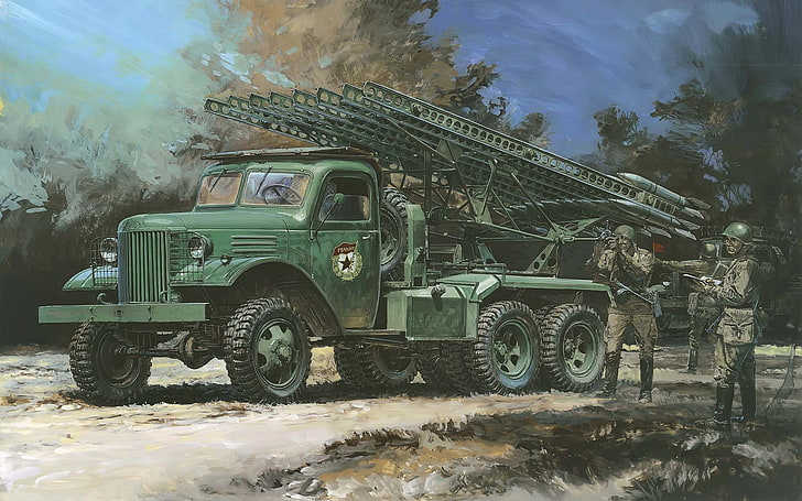 painting of green artillery truck near three armies, machine