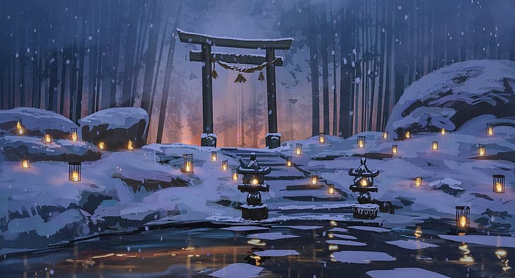 anime, torii, lake, winter, snow, forest, lantern, Surendra Rajawat, HD wallpaper
