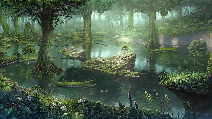 body of water with green trees painting, digital art, drawing, HD wallpaper