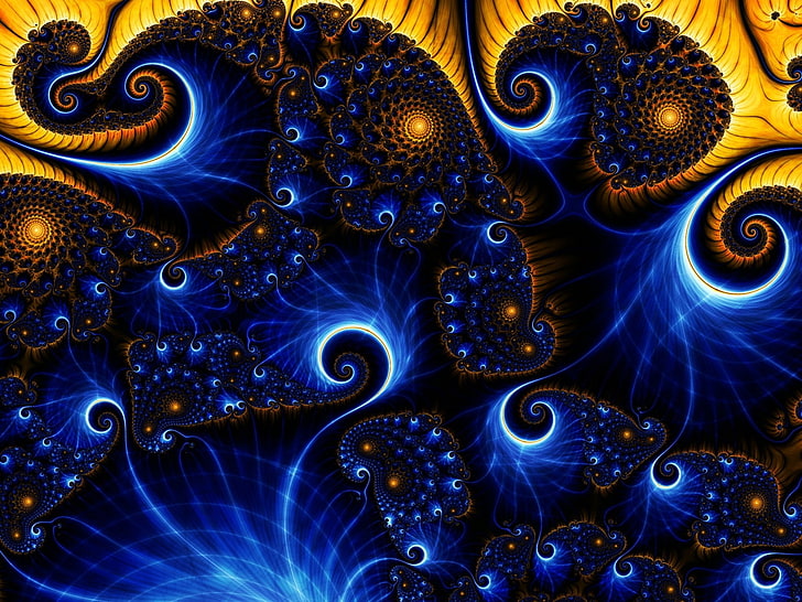 yellow and blue floral wallpaper, fractal, swirls, patterns, lines