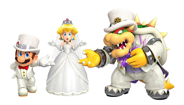 Mario, Super Mario Odyssey, Bowser, Princess Peach, white background, HD wallpaper
