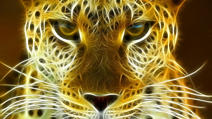 digital art, big cat, leopard, flame, light, graphics, burn