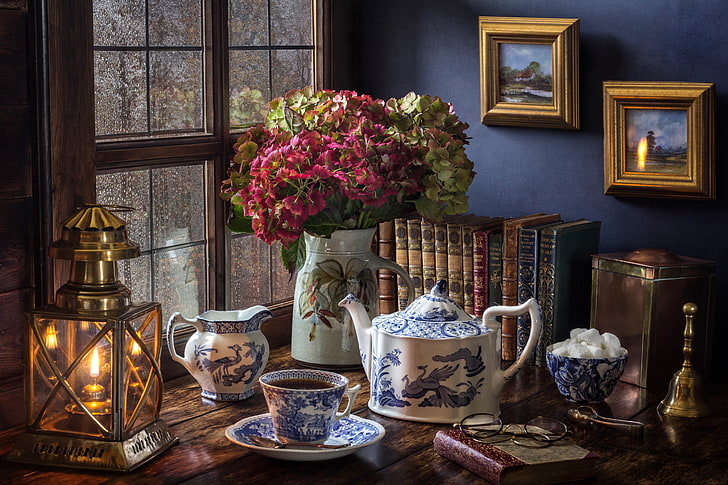 flowers, style, rain, tea, books, lamp, bouquet, kettle, window, HD wallpaper