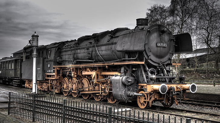 vintage black and brown train, train station, railway, HDR, steam locomotive, HD wallpaper