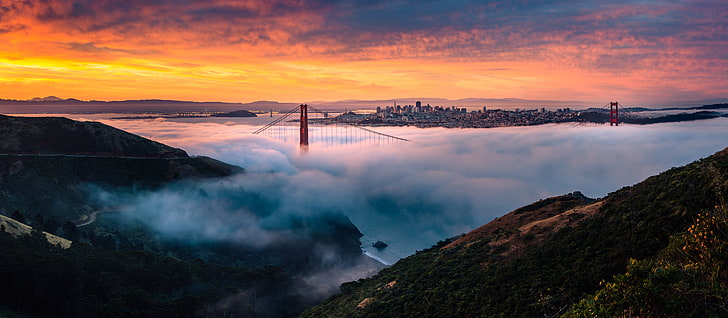 white and blue boat on body of water, bridge, mist, Golden Gate Bridge