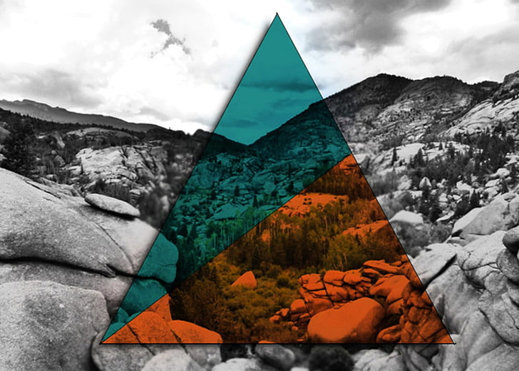 photo of rock mountains, nature, triangle, selective coloring, HD wallpaper